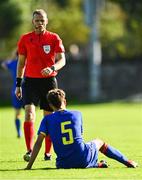 10 October 2021; Referee Sigurd Kringstad with Ricardo Teixera Pinto of Andorra during the UEFA U17 Championship Qualifying Round Group 5 match between Poland and Andorra at The Mardyke in Cork. Photo by Eóin Noonan/Sportsfile