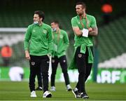 12 October 2021; Harry Arter, left, and Shane Duffy of Republic of Ireland walk the pitch before the international friendly match between Republic of Ireland and Qatar at Aviva Stadium in Dublin. Photo by Sam Barnes/Sportsfile
