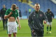 12 October 2021; Republic of Ireland manager Jim Crawford after their defeat in the UEFA European U21 Championship Qualifier Group F match between Montenegro and Republic of Ireland at Gradski Stadion Podgorica in Podgorica, Montenegro. Photo by Filip Roganovic/Sportsfile