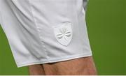 12 October 2021; A detailed view of an embroidered shamrock crest on the shorts of a Republic of Ireland player before the international friendly match between Republic of Ireland and Qatar at Aviva Stadium in Dublin. Photo by Stephen McCarthy/Sportsfile