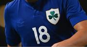 12 October 2021; A view of the Republic of Ireland jersey in 'St Patrick's Blue', which is being worn to celebrate the 100th anniversary of the Football Association of Ireland, during the international friendly match between Republic of Ireland and Qatar at Aviva Stadium in Dublin. Photo by Eóin Noonan/Sportsfile