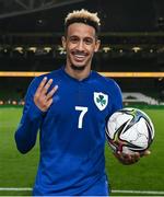 12 October 2021; Callum Robinson of Republic of Ireland celebrates with the match ball after scoring a hat-trick in the international friendly match between Republic of Ireland and Qatar at Aviva Stadium in Dublin. Photo by Stephen McCarthy/Sportsfile