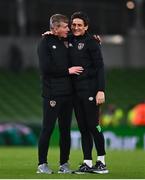 12 October 2021; Republic of Ireland manager Stephen Kenny, left, and coach Keith Andrews celebrate after the international friendly match between Republic of Ireland and Qatar at Aviva Stadium in Dublin. Photo by Eóin Noonan/Sportsfile