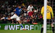 12 October 2021; Homam Elamin of Qatar in action against Cyrus Christie of Republic of Ireland during the international friendly match between Republic of Ireland and Qatar at Aviva Stadium in Dublin. Photo by Sam Barnes/Sportsfile