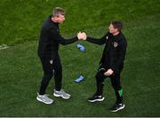 12 October 2021; Republic of Ireland manager Stephen Kenny, left, and Republic of Ireland coach Anthony Barry after the international friendly match between Republic of Ireland and Qatar at Aviva Stadium in Dublin. Photo by Seb Daly/Sportsfile