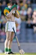 17 March 2004; Dunloy goalkeeper Gareth McGhee wipes the sweat from his brow during the game. AIB All-Ireland Club Hurling Final, Newtownshandrum v Dunloy, Croke Park, Dublin, Picture credit; Brendan Moran / SPORTSFILE   *EDI*