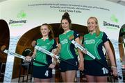 23 July 2013; The Irish Hockey Association is delighted to welcome Dublin Airport Authority on board as a commercial sponsor of the Electric Ireland U18 Women's EuroHockey Championships which will take place at UCD, Dublin, from 29th July to 4th August. Pictured at the launch of the partnership are Ireland players, from left to right, Ruth Maguire, Emma Duncan and Sarah Hawkshaw. Dublin Airport, Dublin. Photo by Sportsfile