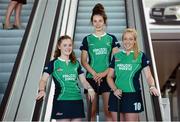 23 July 2013; The Irish Hockey Association is delighted to welcome Dublin Airport Authority on board as a commercial sponsor of the Electric Ireland U18 Women's EuroHockey Championships which will take place at UCD, Dublin, from 29th July to 4th August. Pictured at the launch of the partnership are Ireland players, from left to right, Ruth Maguire, Emma Duncan, and Sarah Hawkshaw. Dublin Airport, Dublin. Photo by Sportsfile