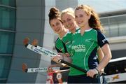 23 July 2013; The Irish Hockey Association is delighted to welcome Dublin Airport Authority on board as a commercial sponsor of the Electric Ireland U18 Women's EuroHockey Championships which will take place at UCD, Dublin, from 29th July to 4th August. Pictured at the launch of the partnership are Ireland players, from left to right, Emma Duncan, Sarah Hawkshaw, and Ruth Maguire. Dublin Airport, Dublin. Photo by Sportsfile