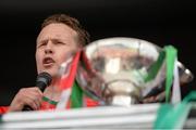 21 July 2013; Mayo captain Andy Moran makes a speech following victory over London. Connacht GAA Football Senior Championship Final, Mayo v London, Elverys MacHale Park, Castlebar, Co. Mayo. Picture credit: Stephen McCarthy / SPORTSFILE