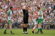 21 July 2013; Referee Conor Lane awards a Mayo penalty despite appeals from Stephen Curran, London, right. Connacht GAA Football Senior Championship Final, Mayo v London, Elverys MacHale Park, Castlebar, Co. Mayo. Picture credit: Stephen McCarthy / SPORTSFILE