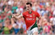 21 July 2013; Cillian O'Connor, Mayo, celebrates after scoring his second, and his side's fourth, goal. Connacht GAA Football Senior Championship Final, Mayo v London, Elverys MacHale Park, Castlebar, Co. Mayo. Picture credit: Stephen McCarthy / SPORTSFILE