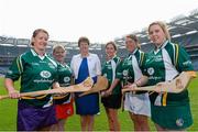 22 July 2013; In attendance at the launch of the M.Donnelly GAA All Ireland Poc Fada Finals are President of the Camogie Association Aileen Lawlor, with players left to right, Deirdre Colfer, Wexford, Niamh Mackin, Louth, Bronagh Mone, Armagh, Catriona McCrickard, Down, and Catriona Daly, Galway. Croke Park, Dublin. Picture credit: David Maher / SPORTSFILE