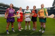 22 July 2013; In attendance at the launch of the M.Donnelly GAA All Ireland Poc Fada Finals are camogie players, from left to right, Deirdre Colfer, Wexford,  Niamh Mackin, Louth, Catriona McCrickard, Down, Bronagh Mone, Armagh, and Catriona Daly, Galway. Croke Park, Dublin. Picture credit: David Maher / SPORTSFILE