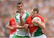 21 July 2013; Colm Boyle, Mayo, in action against Gregory Crowley, London. Connacht GAA Football Senior Championship Final, Mayo v London, Elverys MacHale Park, Castlebar, Co. Mayo. Picture credit: Stephen McCarthy / SPORTSFILE