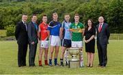 23 July 2013; Footballers, from left, Cillian O'Connor, Mayo, Owen Lennon, Monaghan, Eoghan O'Gara, Dublin, and Jonathan Lyne, Kerry, with sponsor representatives of the 2013 GAA Football Championship All-Ireland Series, from left, Charlie Ferry, and Liam McShea, Super Valu, Louise Glackin, eircom, and Kieran Espey, Ulster Bank, at the launch of the 2013 GAA Football Championship All-Ireland Series. Glenswilly GAA Club, Glenswilly, Co. Donegal. Picture credit: Ray McManus / SPORTSFILE