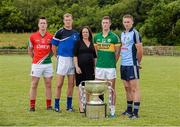 23 July 2013; Louise Glackin, eircom, with footballers, from left, Cillian O'Connor, Mayo, Owen Lennon, Monaghan, Eoghan O'Gara, Dublin, and Jonathan Lyne, Kerry, at the official launch of the 2013 GAA Football Championship All-Ireland Series. Glenswilly GAA Club, Glenswilly, Co. Donegal. Picture credit: Ray McManus / SPORTSFILE