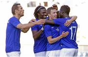 23 July 2013; Aliou Coly, Molde FK, right, is congratulated by team-mates, from left, Daniel Berg Hestad, Daniel Chima and Martin Linnes after scoring their side's second goal. UEFA Champions League Second Qualifying Round, Second Leg, Molde FK v Sligo Rovers, Molde Stadion, Molde, Norway. Picture credit: Richard Brevik / SPORTSFILE