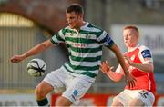 23 July 2013; Jason McGuinness, Shamrock Rovers, in action against Sean Hoare, St. Patrick's Athletic. EA Sports Quarter-Final, Shamrock Rovers v St. Patrick's Athletic, Tallaght Stadium, Tallaght, Dublin. Picture credit: David Maher / SPORTSFILE