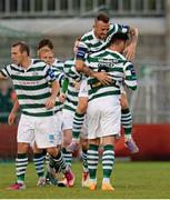 23 July 2013; Mark Quigley, 9, Shamrock Rovers, celebrates after scoring his side's first goal with team-mate Gary McCabe. EA Sports Quarter-Final, Shamrock Rovers v St. Patrick's Athletic, Tallaght Stadium, Tallaght, Dublin. Picture credit: David Maher / SPORTSFILE