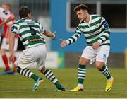 23 July 2013; Mark Quigley, right, Shamrock Rovers, celebrates after scoring his side's first goal with team-mate Ken Oman. EA Sports Quarter-Final, Shamrock Rovers v St. Patrick's Athletic, Tallaght Stadium, Tallaght, Dublin. Picture credit: David Maher / SPORTSFILE