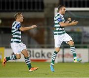 23 July 2013; Billy Dennehy, right, Shamrock Rovers, celebrates after scoring his side's second goal with team-mate Shane Robinson. EA Sports Quarter-Final, Shamrock Rovers v St. Patrick's Athletic, Tallaght Stadium, Tallaght, Dublin. Picture credit: David Maher / SPORTSFILE