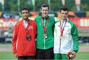 24 July 2013; Team Ireland’s Michael McKillop, from Newtownabbey, Co. Antrim, celebrates with his gold medal after winning the Men’s 1500 – T38 final, in a championship record time of 4:10.17, alongside second place Abbes Saidi, Tunisia, left, and third place Deon Kenzie, Australia, right. 2013 IPC Athletics World Championships, Stadium Parilly, Lyon, France. Picture credit: John Paul Thomas / SPORTSFILE