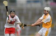 24 July 2013; Tiernan Coyle, Antrim, in action against Dominic Mullan, Derry. Bord Gáis Energy Ulster GAA Hurling Under 21 Championship Final, Antrim v Derry, Casement Park, Belfast, Co. Antrim. Picture credit: Oliver McVeigh / SPORTSFILE