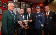 25 July 2013; President of Ireland and Commander-in-chief of the Irish Defence Forces Michael D. Higgins holds the Cunningham Cup with, from left, former member of the Irish Defence Forces Jack Kelly, FAI President Paddy McCaul, Major General Ralph James, D Cos, Ops, and Shay Weafer, Shelbourne F.C. Cunningham Cup Final, Sixth Infantry Battalion v Third Infantry Battalion, Tolka Park, Dublin. Picture credit: Barry Cregg / SPORTSFILE