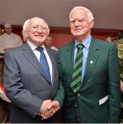 25 July 2013; President of Ireland and Commander-in-chief of the Irish Defence Forces Michael D. Higgins with, former member of the Irish Defence Forces Jack Kelly before the game. Cunningham Cup Final, Sixth Infantry Battalion v Third Infantry Battalion, Tolka Park, Dublin. Picture credit: Barry Cregg / SPORTSFILE