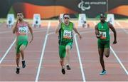 25 July 2013; Team Ireland’s Jason Smyth, from Eglinton, Co. Derry, on his way to winning the Men’s 100m – T13 final in a championship record time of 10:61sec from second place Jonathan Ntutu, South Africa, right, and third place Radoslav Zlatanov, Bulgaria. 2013 IPC Athletics World Championships, Stadium Parilly, Lyon, France. Picture credit: John Paul Thomas / SPORTSFILE