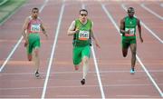 25 July 2013; Team Ireland’s Jason Smyth, from Eglinton, Co. Derry, on his way to winning the Men’s 100m – T13 final in a championship record time of 10:61sec from second place Jonathan Ntutu, South Africa, right, and third place Radoslav Zlatanov, Bulgaria. 2013 IPC Athletics World Championships, Stadium Parilly, Lyon, France. Picture credit: John Paul Thomas / SPORTSFILE
