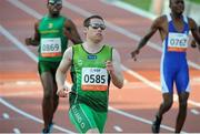 25 July 2013; Team Ireland’s Jason Smyth, from Eglinton, Co. Derry, crosses the line to win the Men’s 100m – T13 final in a championship record time of 10:61sec. 2013 IPC Athletics World Championships, Stadium Parilly, Lyon, France. Picture credit: John Paul Thomas / SPORTSFILE