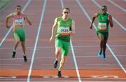 25 July 2013; Team Ireland’s Jason Smyth, from Eglinton, Co. Derry, crosses the line to win the Men’s 100m – T13 final in a championship record time of 10:61sec from second place Jonathan Ntutu, South Africa, right, and third place Radoslav Zlatanov, Bulgaria. 2013 IPC Athletics World Championships, Stadium Parilly, Lyon, France. Picture credit: John Paul Thomas / SPORTSFILE