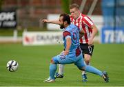 25 July 2013; Simon Madden, Derry City, in action against Olcan Adin, Trabzonspor. UEFA Europa League Second Qualifying Round, 2nd leg, Derry City v Trabzonspor, The Brandywell, Derry. Picture credit: Oliver McVeigh / SPORTSFILE