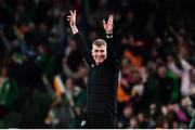 12 October 2021; Republic of Ireland manager Stephen Kenny celebrates his side's second goal, a penalty scored by Callum Robinson during the international friendly match between Republic of Ireland and Qatar at Aviva Stadium in Dublin. Photo by Sam Barnes/Sportsfile