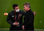 12 October 2021; Republic of Ireland manager Stephen Kenny, right, and FAI communications executive Kieran Crowley in conversation before  the international friendly match between Republic of Ireland and Qatar at Aviva Stadium in Dublin. Photo by Sam Barnes/Sportsfile