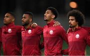 12 October 2021; Qatar players, from left, Pedro Miguel, Abdelaziz Hatim, Homam Elamin and Akram Afif stand for the playing of the National Anthem before the international friendly match between Republic of Ireland and Qatar at Aviva Stadium in Dublin. Photo by Stephen McCarthy/Sportsfile