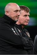 12 October 2021; Republic of Ireland manager Stephen Kenny with athletic therapist Colum O’Neill, left, before the international friendly match between Republic of Ireland and Qatar at Aviva Stadium in Dublin. Photo by Stephen McCarthy/Sportsfile