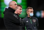 12 October 2021; Republic of Ireland manager Stephen Kenny with athletic therapist Colum O’Neill, left, and chartered physiotherapist Danny Miller, right, before the international friendly match between Republic of Ireland and Qatar at Aviva Stadium in Dublin. Photo by Stephen McCarthy/Sportsfile
