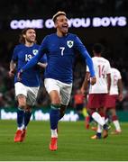 12 October 2021; Callum Robinson of Republic of Ireland celebrates after scoring his side's first goal during the international friendly match between Republic of Ireland and Qatar at Aviva Stadium in Dublin. Photo by Stephen McCarthy/Sportsfile