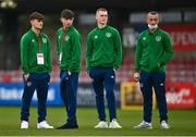 13 October 2021; Republic of Ireland players, from left, Kevin Zefi, Rocco Vata, Cathal Heffernan and Sam Curtis before the UEFA U17 Championship Qualifying Round Group 5 match between Republic of Ireland and Poland at Turner's Cross in Cork. Photo by Eóin Noonan/Sportsfile