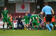 13 October 2021; Republic of Ireland manager Colin O'Brien celebrates with Justin Ferizaj and his Republic of Ireland team-mates after scoring his side's second goal during the UEFA U17 Championship Qualifying Round Group 5 match between Republic of Ireland and Poland at Turner's Cross in Cork. Photo by Eóin Noonan/Sportsfile