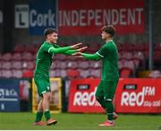 13 October 2021; Justin Ferizaj of Republic of Ireland, left, celebrates with team-mate Kevin Zefi after scoring their side's second goal during the UEFA U17 Championship Qualifying Round Group 5 match between Republic of Ireland and Poland at Turner's Cross in Cork. Photo by Eóin Noonan/Sportsfile