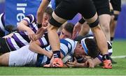 13 October 2021; Jack Angulo of Blackrock College scores his side's first try during the Bank of Ireland Leinster Schools Junior Cup semi-final match between Blackrock College and Terenure College at Energia Park in Dublin. Photo by Piaras Ó Mídheach/Sportsfile