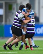 13 October 2021; Donie Grehan of Blackrock College is tackled by Ólan Storey, left, and Donnchadh Cullinan of Terenure College during the Bank of Ireland Leinster Schools Junior Cup semi-final match between Blackrock College and Terenure College at Energia Park in Dublin. Photo by Piaras Ó Mídheach/Sportsfile