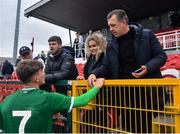 13 October 2021; Kevin Zefi of Republic of Ireland with former Celtic and Albanian footballer Rudi Vata, father of Republic of Ireland player Rocco Vata after the UEFA U17 Championship Qualifying Round Group 5 match between Republic of Ireland and Poland at Turner's Cross in Cork. Photo by Eóin Noonan/Sportsfile