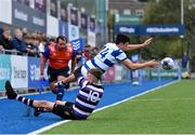 13 October 2021; Cian Dennehy of Blackrock College is tackled by Casper Lorin Gabriel of Terenure College during the Bank of Ireland Leinster Schools Junior Cup semi-final match between Blackrock College and Terenure College at Energia Park in Dublin. Photo by Piaras Ó Mídheach/Sportsfile