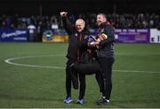 8 October 2021; Dundalk kitman Noel Walsh, left, and Dundalk coach Liam Burns celebrate after the SSE Airtricity League Premier Division match between Dundalk and Shamrock Rovers at Oriel Park in Dundalk, Louth. Photo by Ben McShane/Sportsfile