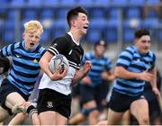 14 October 2021; Ruairi Munnelly of Newbridge College on his way to scoring a try during the Bank of Ireland Leinster Schools Junior Cup semi-final match between St Vincent’s Castleknock College and Newbridge College at Energia Park in Dublin. Photo by Matt Browne/Sportsfile
